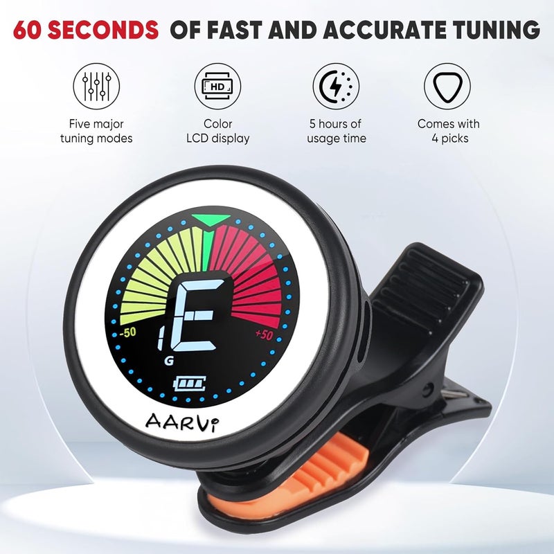 Aarvi Clip on guitar tuner rechargeable, for all instruments, acoustic/electric guitar, ukulele, bass, violin, Banjo, color LCD, semitone tuner, 4 Pack Guitar Picks Included - Image 2